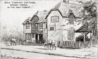 New Forest etching of Dick Turpins cottage